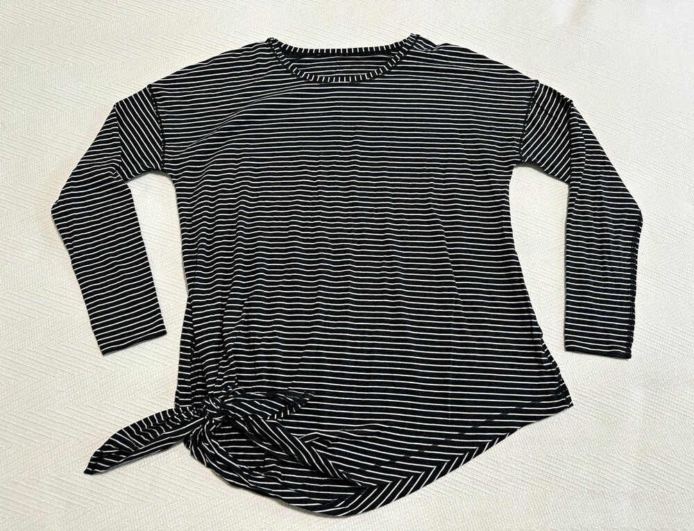 Lululemon Womens Black/White Striped Jersey Crewneck Tie Hem Top - L